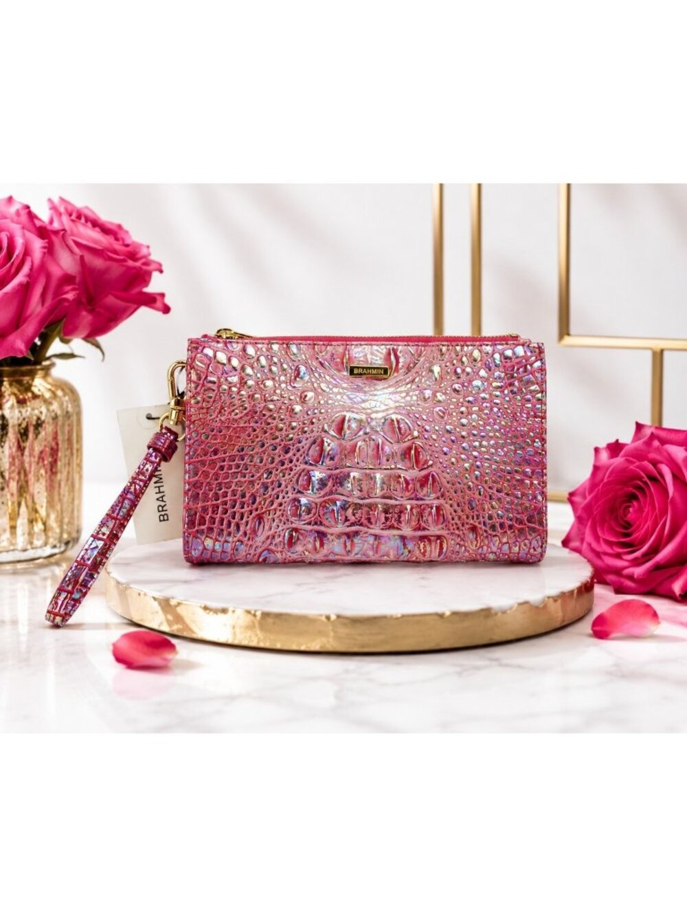 Brahmin Daisy Melbourne Leather Wristlet Wallet Pink Iridescent Croc NWT Dust B